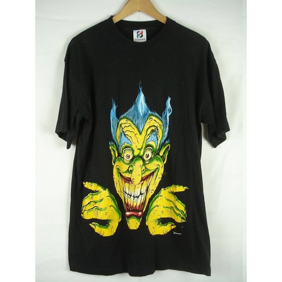 L Vintage 90s Signal Artwear Evil Joker Black T-shirt Tee Made in USA 1994 - Picture 1 of 5